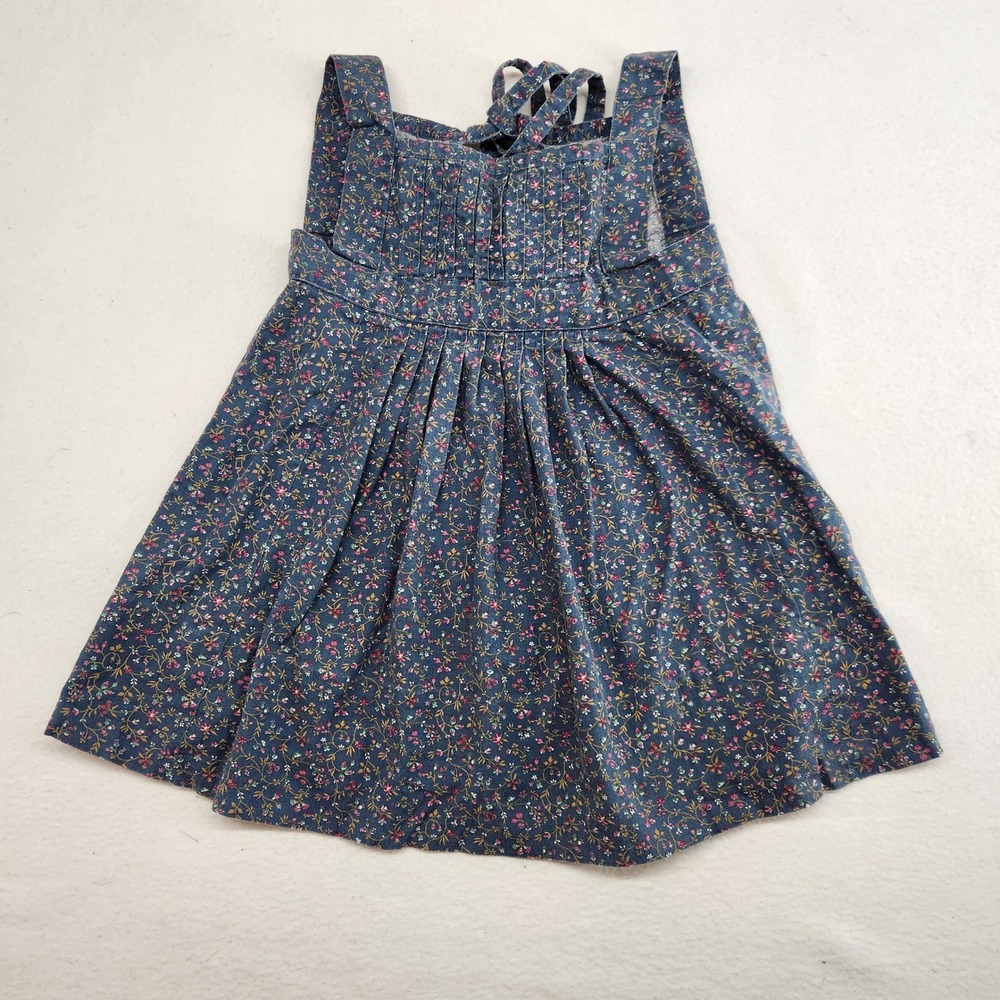 Vintage Handmade Kids Blue Cotton Floral Apron Pinafore Dress Small